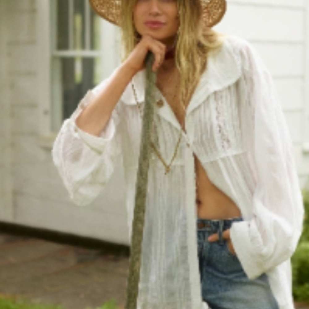 White Peasant Tunic Blouse Flowy Pintuck Pilcro Cotton - Picture 2 of 8